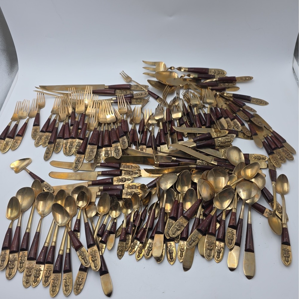Vintage 1950's MCM Siam Bronze Wood Flatware 145 Piece Set Buddha Thailand
